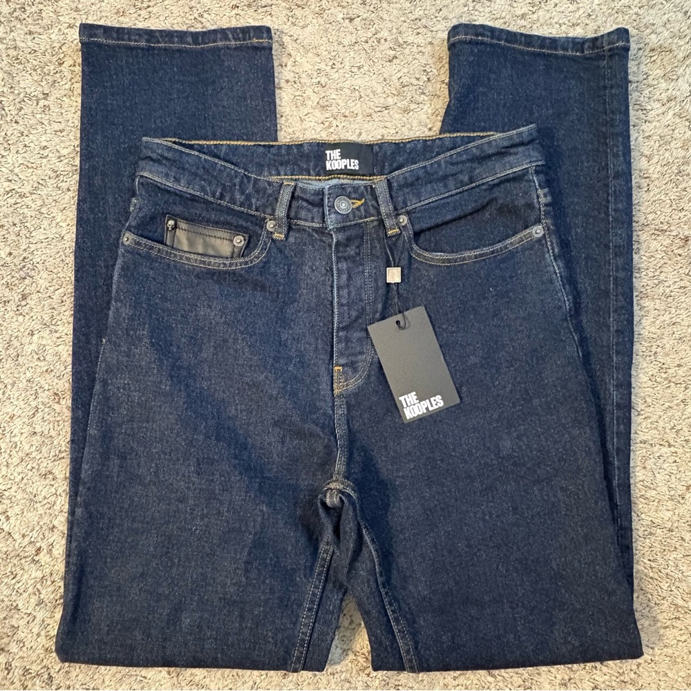 The Kooples Men's Dark Blue Slim Jeans with Lambskin  Leather Accents on Pocket